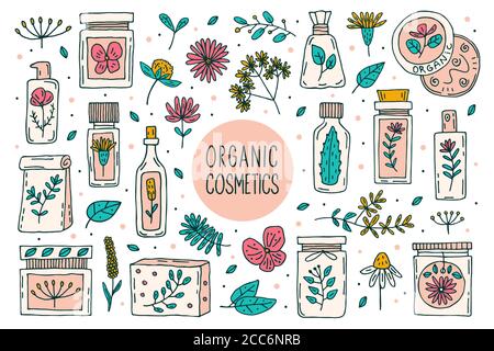 Natural organic cosmetics with plants  doodle vector clipart, big set of elements. Isolated on white background. Organic, eco friendly ingredients, na Stock Vector