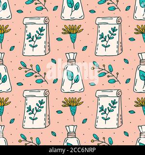 Organic cosmetics vector doodle hand drawn line art seamless pattern, texture, background. Package of herbs, plants. Elegant design. Vegan cosmetics, Stock Vector