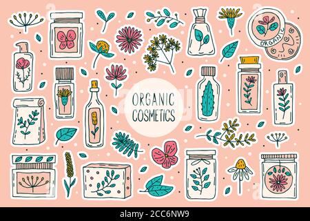Natural organic cosmetics with plants  doodle vector clipart, big set of elements. Isolated on pink background. Organic, eco friendly ingredients, nat Stock Vector