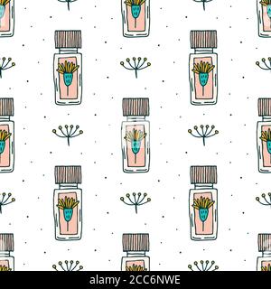Organic cosmetics vector doodle hand drawn line art seamless pattern, texture, background. Bottle of essential oil with herbs. Elegant design on white Stock Vector