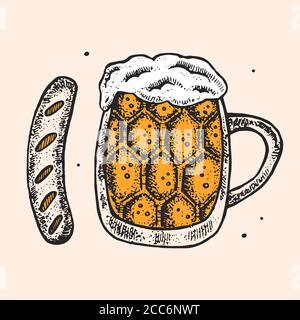 Glass of beer with german sausage. Oktoberfest clip art, set of elements. Alcohol. Food, eat. Bar, pub, restaurant. Vector. Isolated. Stock Vector