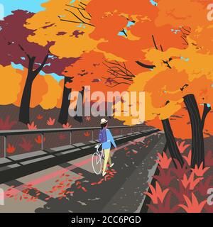 Autumn fallen trees alley city garden Stock Vector
