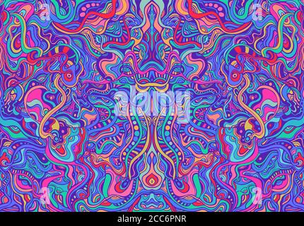 Amazing colorful hippie trippy psychedelic abstract mandala with many intricate wavy ornaments, bright neon multicolor color texture. Stock Vector