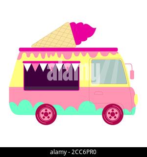 Colorful cute cartoon ice cream truck in pastel color, isolated on white background. Stock Vector
