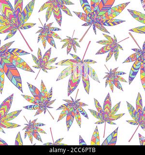 Bright summer psychedelic abstract hallucinogenic cannabis leaves seamless pattern, isolated on white background. Stock Vector