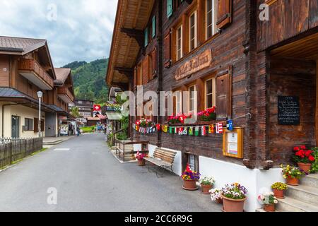 Murren, Switzerland - July 30, 2016 - View of the small village Murren near Interlaken, a famous touristic place  on Bernese Oberland, Switzerland Stock Photo