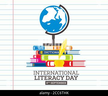 International Literacy Day Poster with Pile of Books and Quill Pen. Vector Illustration. Education Concept. Stock Vector