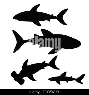 Black sharks silhouettes isolated on white background. Vector illustration. Stock Vector