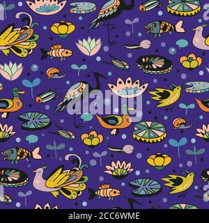 Seamless pattern with cute birds and underwater animals. Children doodle cartoon texture. Stock Vector