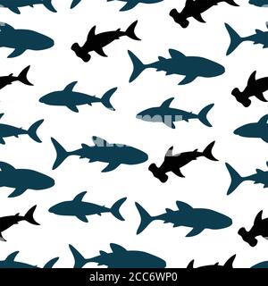 Seamless pattern with cute sharks silhouette. Vector illustration. Stock Vector