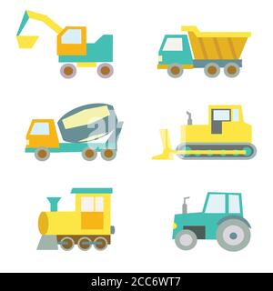 Set with cute vehicles, tractor, concert mixer, train, excavator Stock Vector