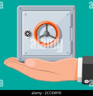 Metallic safe box with closed door for money in hand. Bank vault security, deposit storage, cash safety safebox. Vector illustration in flat style Stock Vector