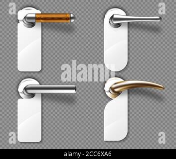 Door hangers on metal and wooden handles mockup. Blank paper or plastic empty labels of various shapes for hotel doorknob room, dont disturb signs, messages on entrance knobs, Realistic 3d vector set Stock Vector