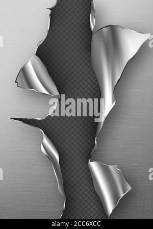 Metal rip hole with curly edges, ragged vertical crack, cut damage on steel sheet. Torn slash, gun aperture design element isolated on transparent background Realistic 3d vector illustration, clip art Stock Vector