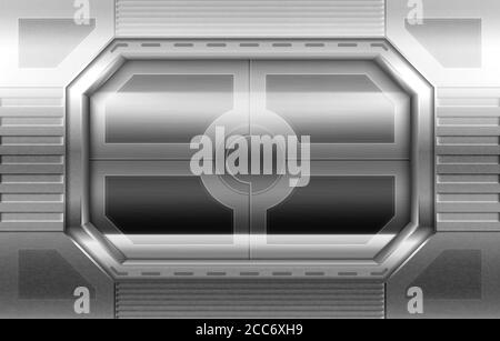 Metal door, sliding gates in spaceship hallway interior. Closed shuttle or secret laboratory entrance, futuristic bunker, ski-fi steel stainless gateway on wall. Realistic 3d vector illustration Stock Vector