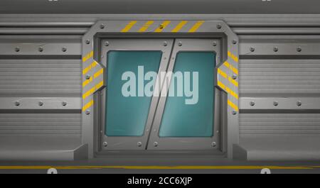 Metal door with glass windows, sliding gates in spaceship interior. Closed shuttle, futuristic bunker or secret laboratory entrance with yellow markup, ski-fi gateway, Realistic 3d vector illustration Stock Vector