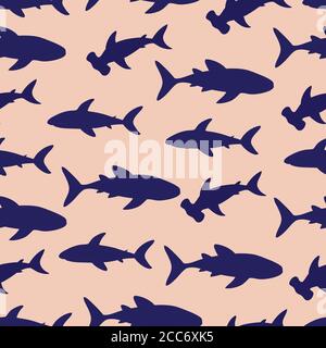 Seamless pattern with cute sharks silhouette. Vector illustration. Stock Vector