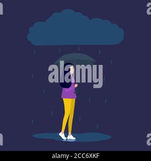 woman is talking on the phone and walking down the street in the rain. Vector illustration, flat design. Stock Vector