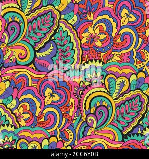 Bright psychedelic pattern with colorful curly doodle motifs. Stock Vector