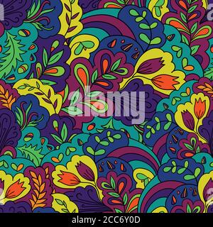 Seamless pattern with vintage plants elements. Psychedelic background with floral ornament.  Stock Vector