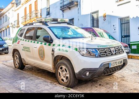 Huelva, Spain - August 16, 2020: Dacia Duster vehicle of the Environmental Agents of the Junta de Andalucia. Police that guards the natural heritage a Stock Photo