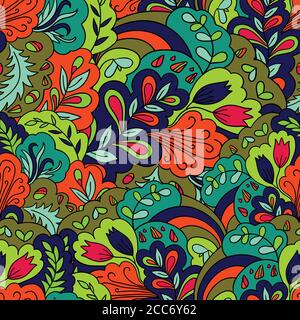 Seamless pattern with vintage plants elements. Psychedelic background with floral ornament.  Stock Vector