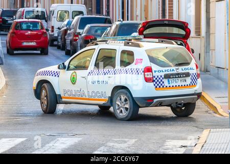 Bonares, Huelva, Spain - August 14, 2020: Municipal police car, brand Dacia Duster, patrolling by the streets Stock Photo