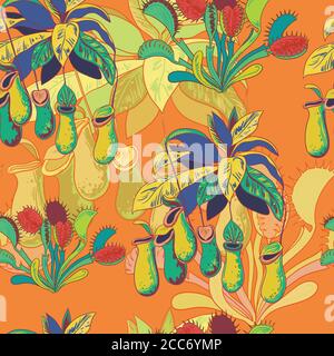Seamless pattern with carnivores plants. Vector illustration. Stock Vector