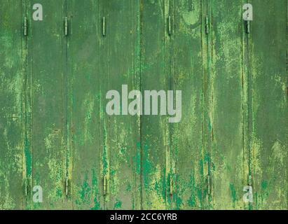 texture and shades of soft green pastel paint on wooden folding panelled door with many hinges in Cumbria, England, UK Stock Photo