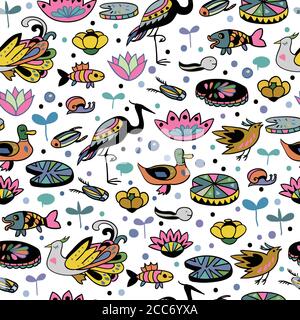 Seamless pattern with cute birds and underwater animals. Children doodle cartoon texture. Stock Vector