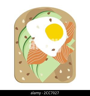 Avocado toast with poached egg and salmon vector illustration isolated. Avocado and smoked lox slices on bread, vegan sandwich with sesame seeds Stock Vector