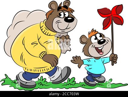 Cartoon bears, father and son, go for a walk to spend some time together vector illustration Stock Vector