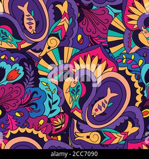 Seamless pattern with colorful abstract and floral elements. Stock Vector