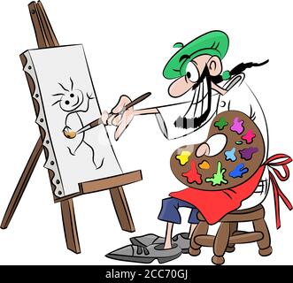 Cartoon artist working on a canvas painting a picture vector illustration Stock Vector