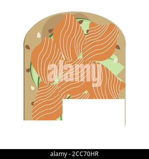 Avocado toast with poached egg and salmon vector illustration. Avocado slices on toasted bread, vegan sandwich with smoked lox and sesame seeds Stock Vector