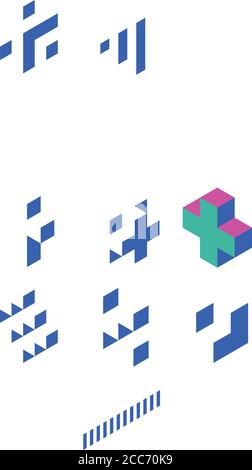 Cross of cubes. Retro colored. Isometric 3D vector object. Stock Vector