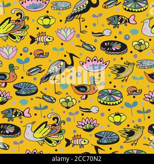 Seamless pattern with cute birds and underwater animals. Children doodle cartoon texture. Stock Vector