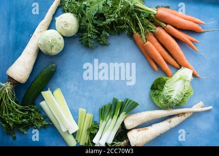 A mix of different types of vegetables on table .Cooking concept Stock Photo