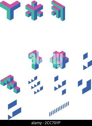 Abstract object of cubes. Retro colored. Isometric 3D vector object. Stock Vector