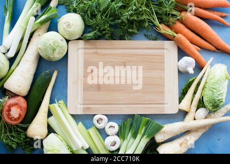 A mix of different types of vegetables on table .Cooking concept Stock Photo