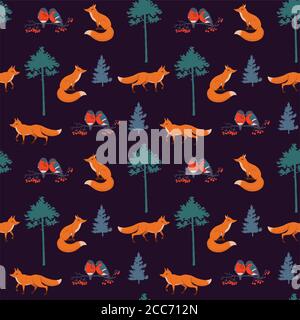 Cute seamless pattern with animals and Christmas trees.  Stock Vector