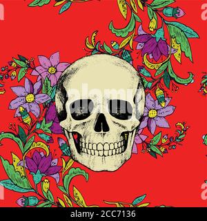 Seamless pattern with flowers and skull on green background. Stock Vector