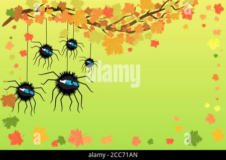 Halloween banner with spiders and maple tree. Halloween sale background or poster with black spiders, autumn leaf and copy space. Vector illustration Stock Vector