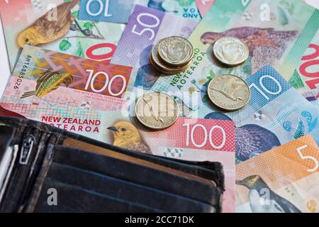 New Zealand currency. Notes and coins Stock Photo