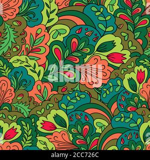 Seamless pattern with vintage plants elements. Psychedelic background with floral ornament.  Stock Vector