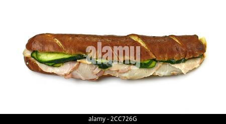 Delicious sandwich with meat and fresh vegetables isolated on white background. Fresh baguette. Classic BLT sandwiches. Close up. Stock Photo