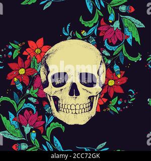 Seamless pattern with flowers and skull on green background. Stock Vector