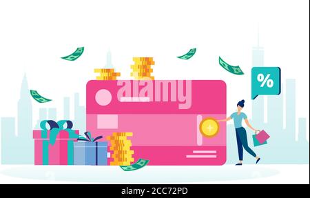 Reward program concept. Vector of a happy woman consumer with shopping bags earning cash back Stock Vector