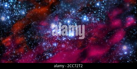 Fictitious colorful star field with nebulae, sparkling stars, suns and galaxies - 3d illustration Stock Photo