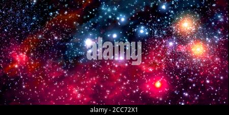 Fictitious colorful star field with nebulae, sparkling stars, suns and galaxies - 3d illustration Stock Photo